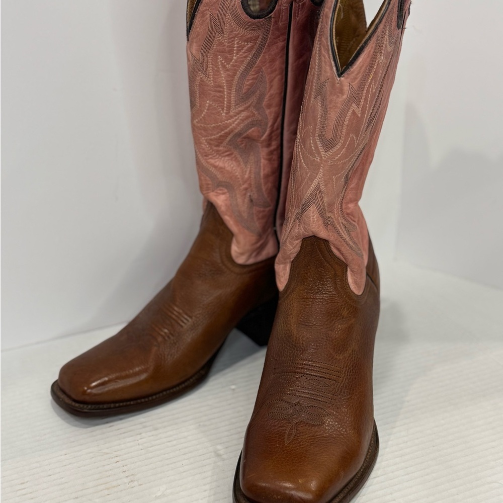 Stetson Cowboy Boots Brown/Dusty Pink Square Toe Men Sz 9.5  12-021-8839-0310